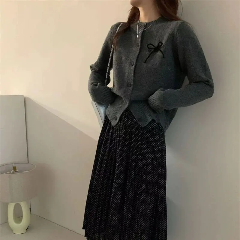 Female Clothing Gray Knitted Cardigan Basic Long Sleeve Autumn Winter New Fashion Bow Casual Round Neck Single-breasted Sweaters