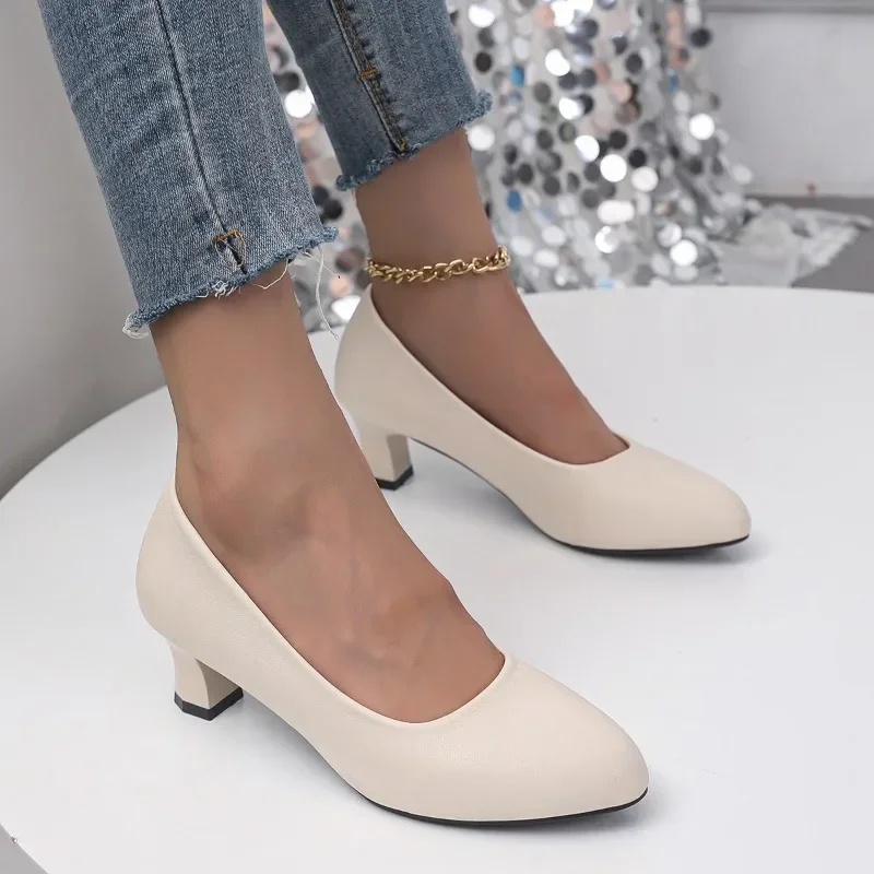 2024 New Fashion Versatile Hot Selling Women's Heeled Single Shoes Pointed Toe Workplace Temperament Women's Shoes Solid Color