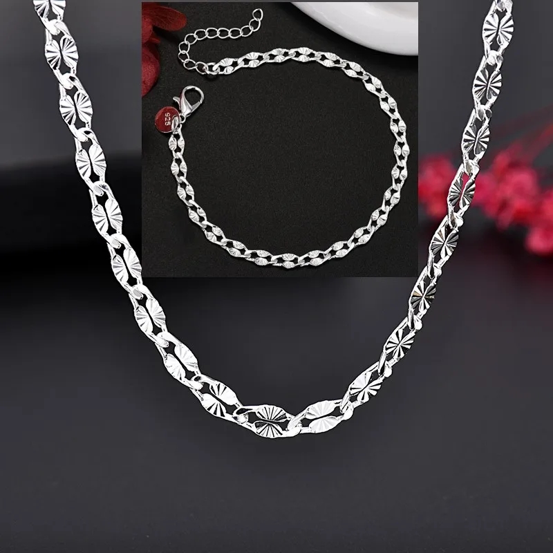 2pcs Elegant 925 Sterling Silver 4MM width Chain Bracelet necklace Jewelry Set, for women lady men Wedding,Valentine'S Gift