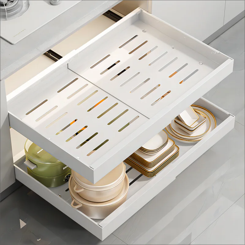 Retractable Metal Storage Drawers Adjustable width Condiment Storage Baskets Non-perforated Cabinets Pull-out Shelving