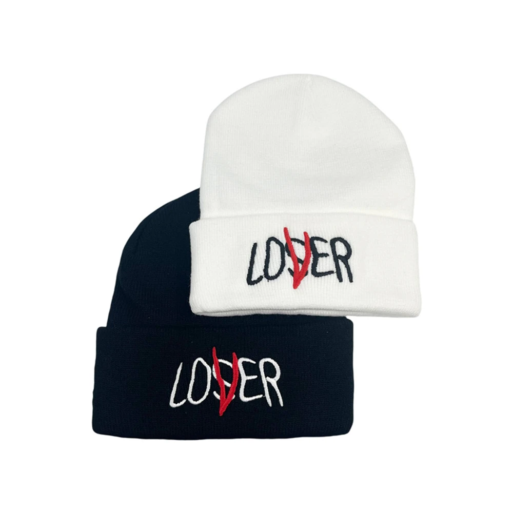 1pcs Winter Warm Knit Hat Lover Loser Alphabet Embroidery Black White