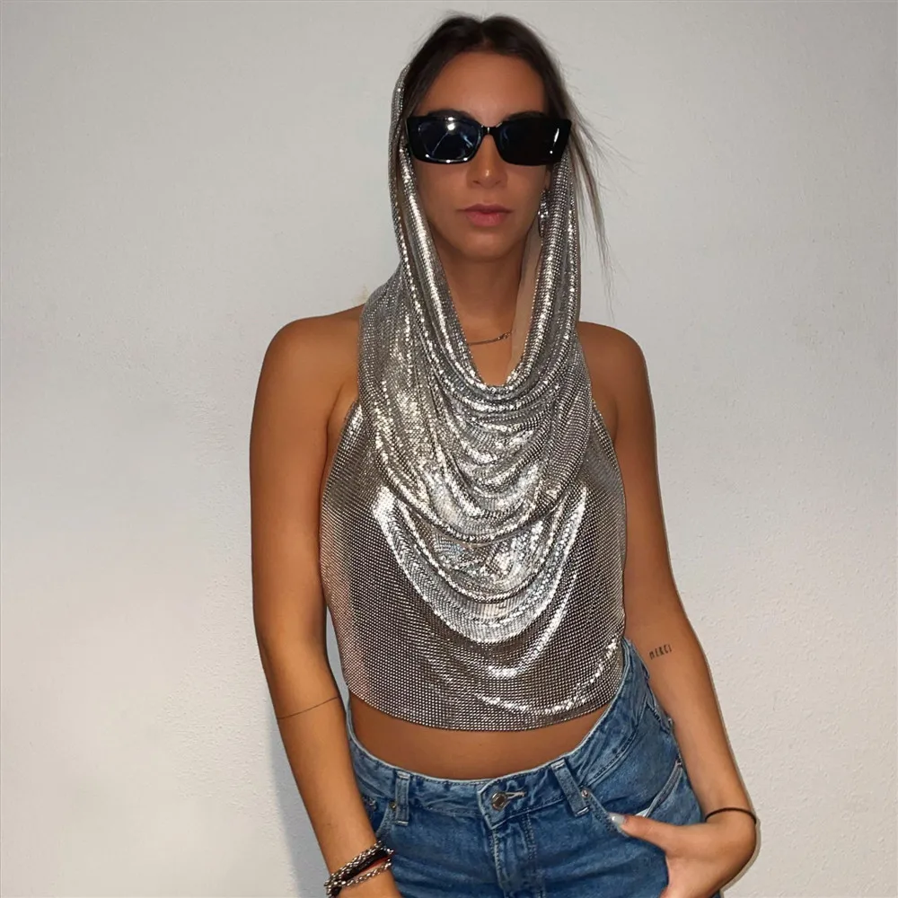 Y2K Streetwear Metal Sequins Women Tank Top Punk Goth Hip Hop Bandana Head Wraps Vest Rave Festival Women Tops Tee For Nightclub