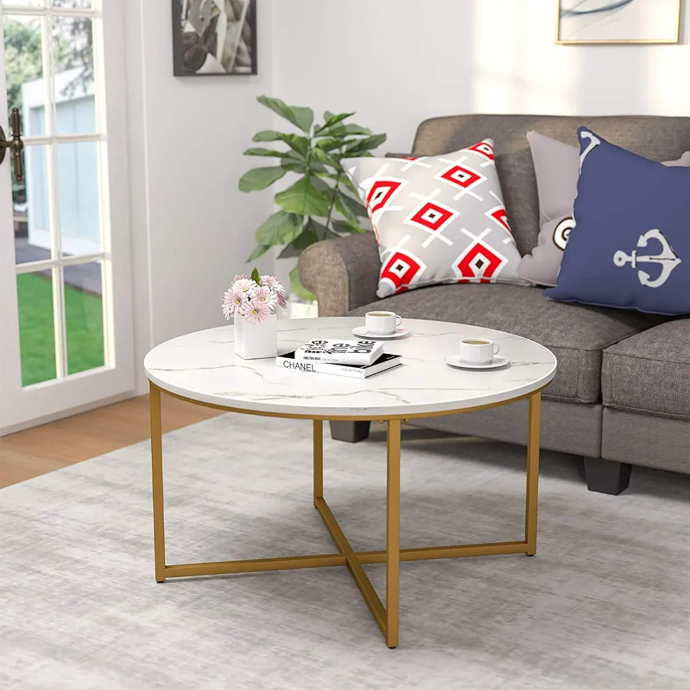 New 36in Faux Marble Modern Living Room Round Accent Side Coffee Table End Tables for Living Room