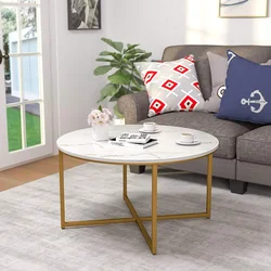 New 36in Faux Marble Modern Living Room Round Accent Side Coffee Table End Tables for Living Room