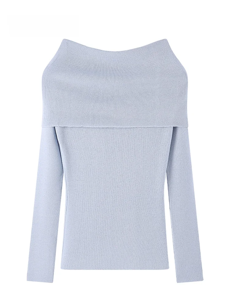 

JZZDEMM Knitted One-oulder Turn-down Collar Sweater Women's Slim Fit Summer New Pure Color Faionable Pullover Top