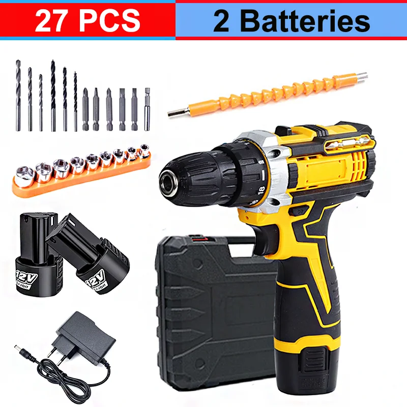 

Lithium Electric Drill Electric Screwdriver 2 Batteries Hand Electric Drill 27PCS Electric Tool Set Accessory Box Packaging