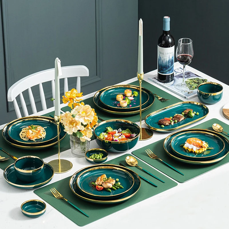 Ceramic Dinner Plates Dinnerware Set Dishes Luxury Green Food Plate Set Salad Soup Bowl Plate and Bowls Set for Restaurant Hotel