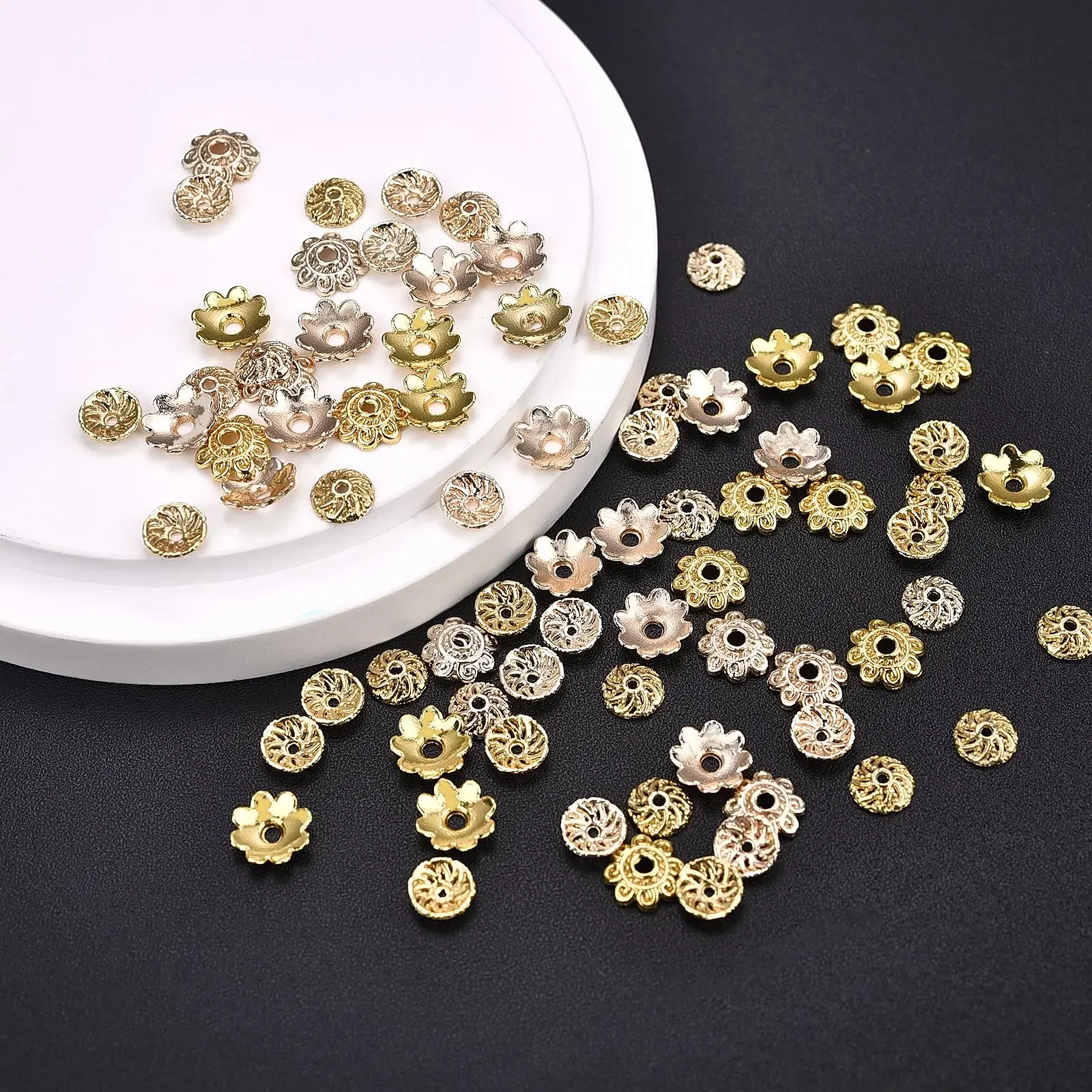 20Pcs 18K Gold Brass Flower Tree Leaf Round Beads Caps Tessal Caps Jewelry Beads Making Supplies Diy Findings Accessories