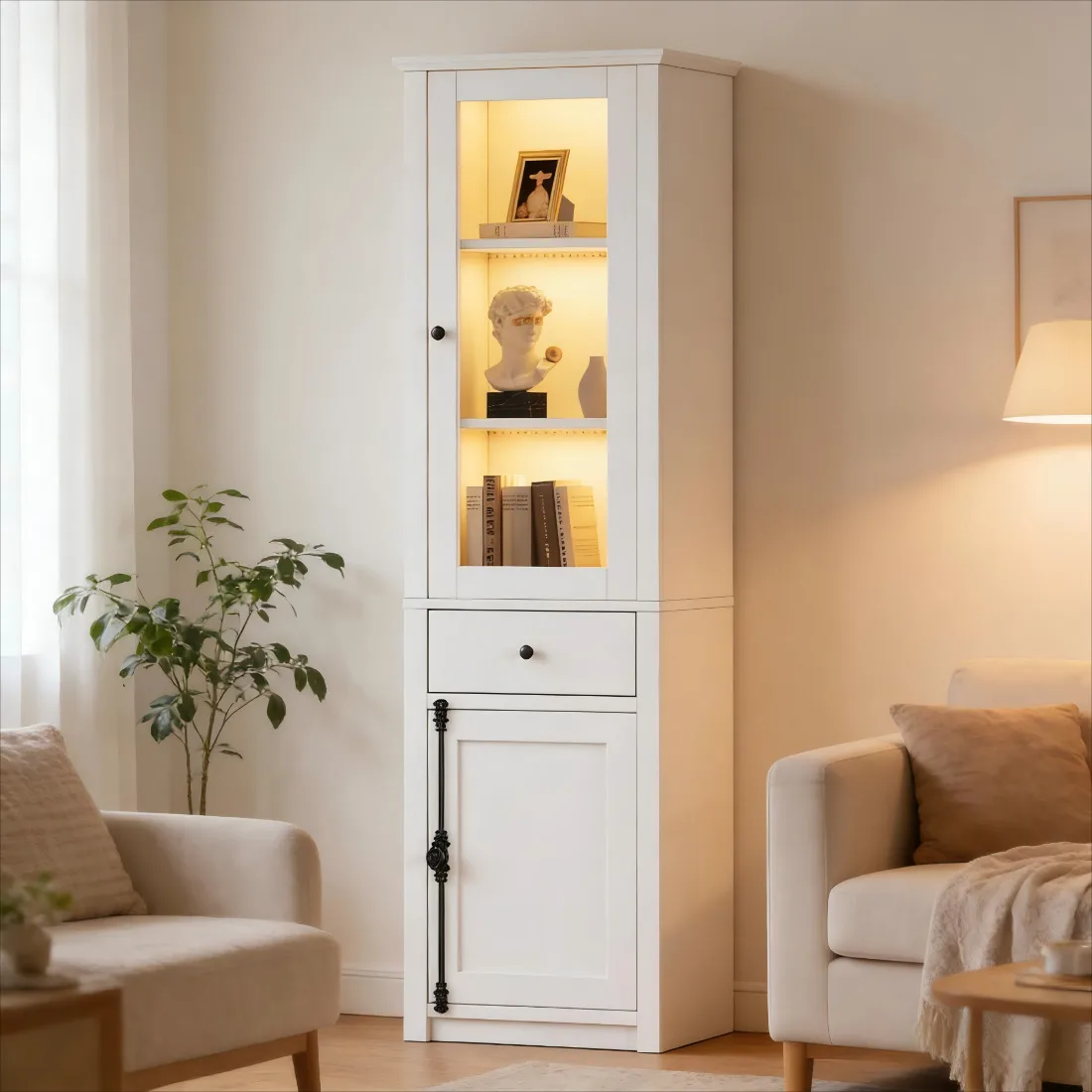 Vitrine haute 55x40x200cm avec un tiroir, 2 portes et éclairage LED – Vitrine en verre avec poignées en métal et alliage d'aluminium, blanche pour un rangement élégant