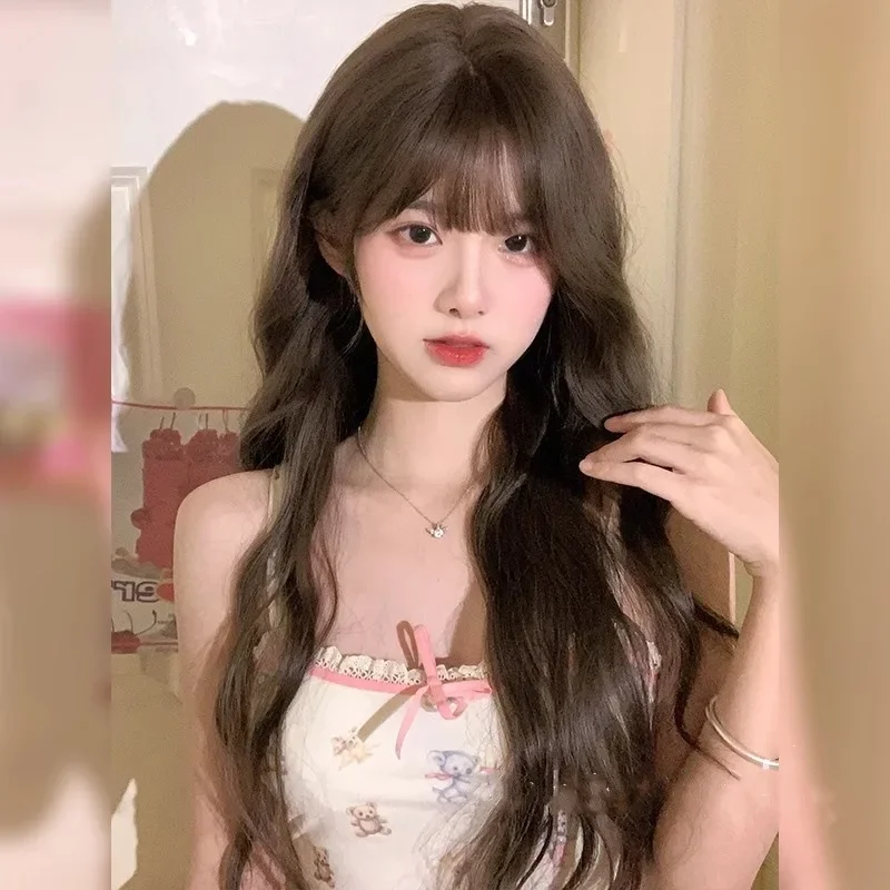 Natural Long Curl Wig Women Full Head Cover Hazelnut Gray Brown Color Big Wave Fashion Anti-Aging Whitening Natural Looking