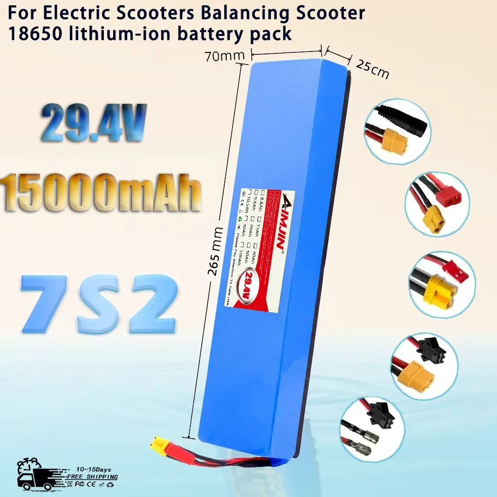 Lithium 7S2P High-Capacity 24V/29.4V 15Ah 18650 Battery for  Bicycle Scooter, with BMS & Shockproof Cotton,  29.4V Battery Pack
