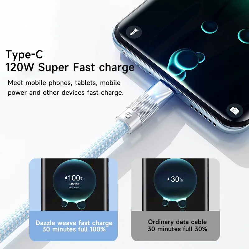 120W USB Type C Wire Fast Charging Cable 6A Mobile Phone USB C Cables Type C Data Transfer Cord For Iphone 15 Xiaomi POCO Huawei