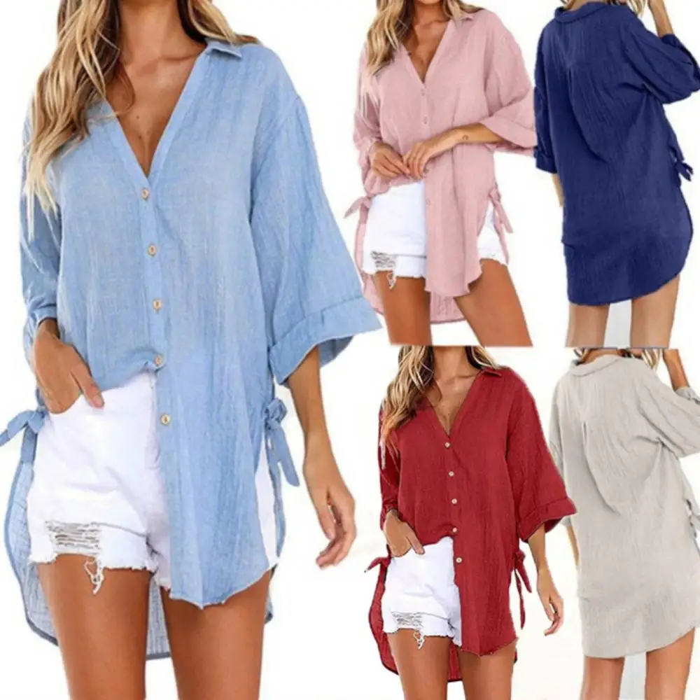 Women Summer Buttons Blouse Women Blouse Shirts Loose Turn Down Collar Top Shirt Blouses 2021 Linen Irregular Hem Belt Woman Rou