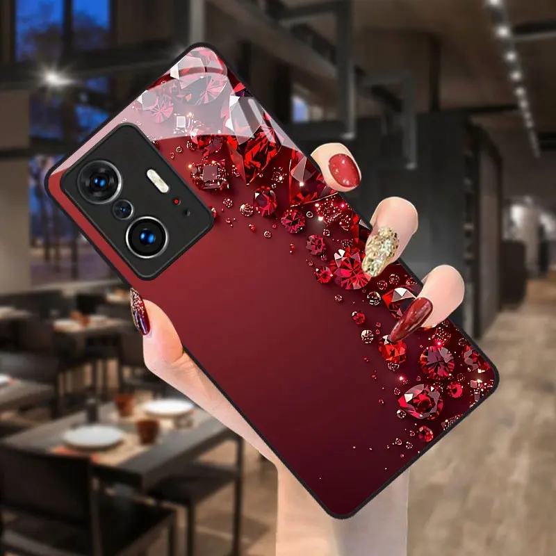 Red gemstone patterned tempered glass phone case suitable for Redmi Note 15 14 13 12 11 PRO 5G 4G series anti drop back cover