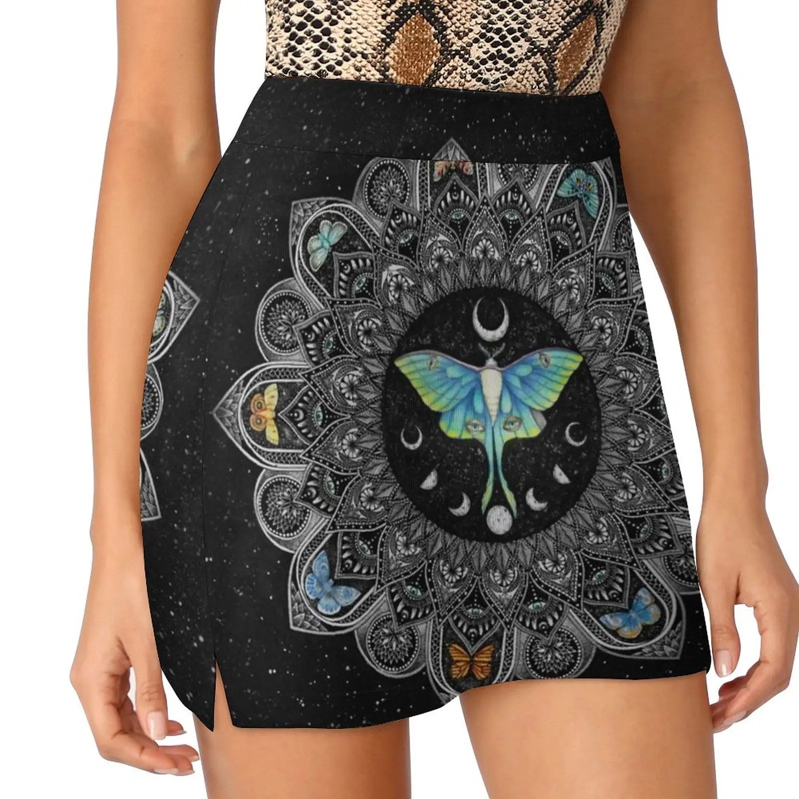 Lunar Moth Mandala With Background Women's skirt With Pocket Vintage Skirt Printing A Line Skirts Summer Clothes Ink Sharpie