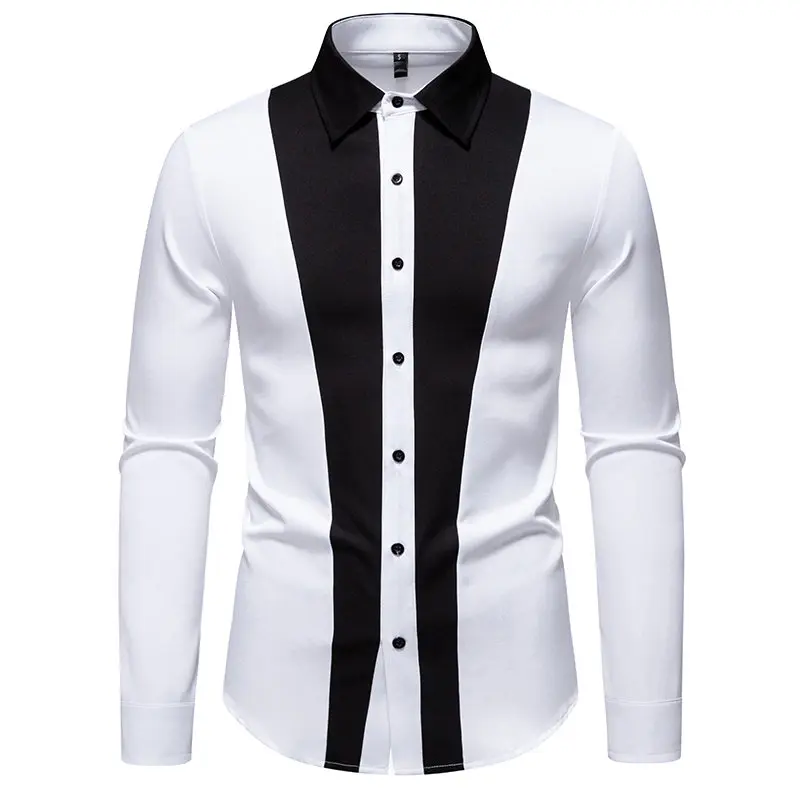 Men Long Sleeve Shirt 2025 Spring Striped Shirts Slim Fit Male Casual Social Patchwork Shirt Turn-down Collar Camisa Masculina