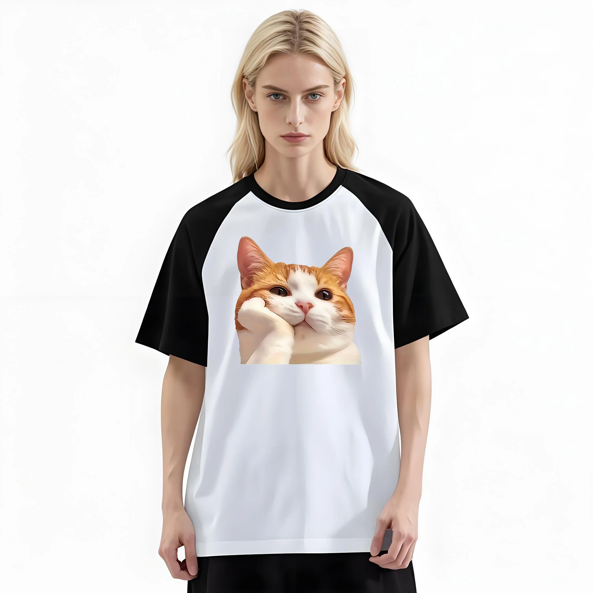 Women'S Fashion Raglan Sleeve T-Shirt, Cute Orange White Cat Cheek Rest Kawaii Cartoon Animal Printed, Summer Casual Comfortable Tee, Women'S Everyday Short-Sleeve Top