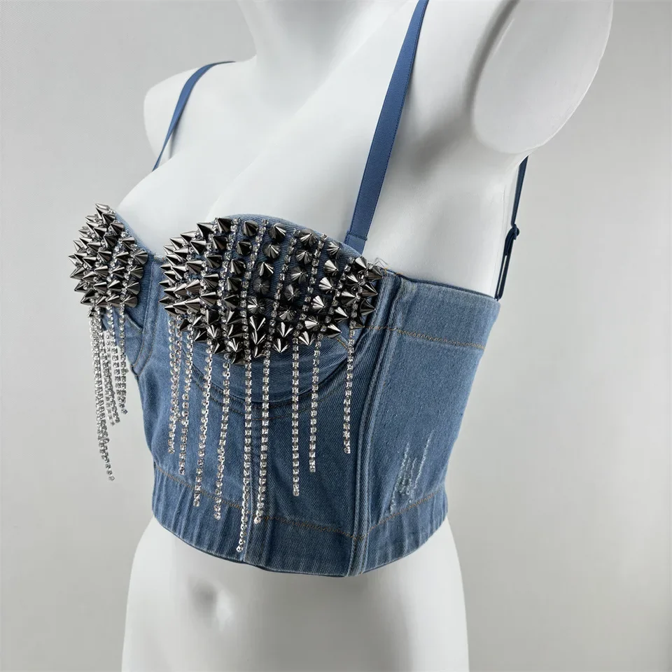 Europe And The United States Beaded Denim Corset Female Tassel Sling Back Bra Sexy Gathered Undershirt Female