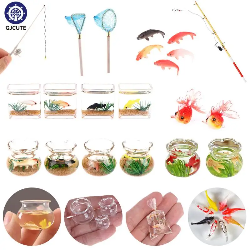 Mini Fish Model Simulation Fish Tank Fishing Net Pole Play House Miniature Sea Scene Props  Dollhouse DIY Decor Accessories