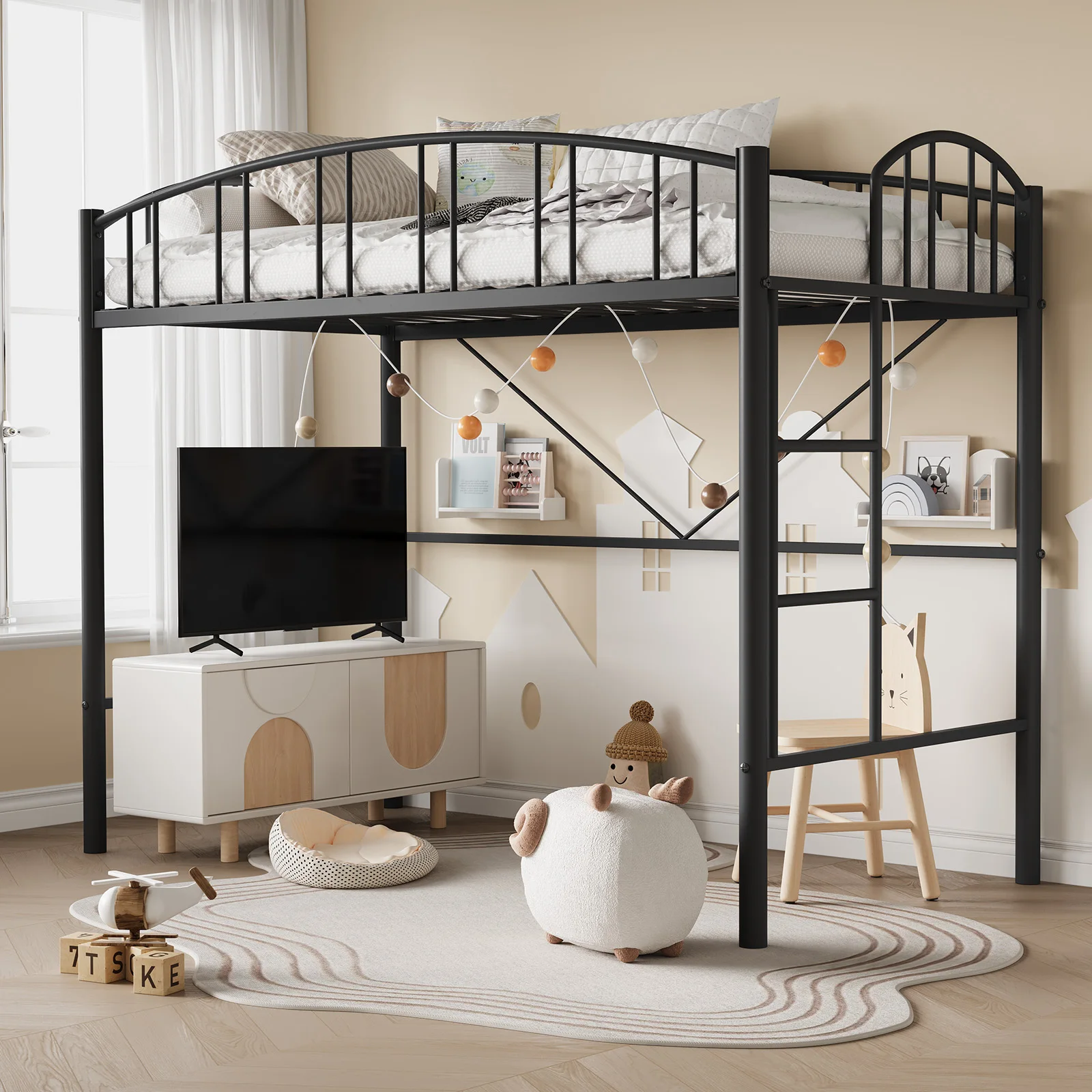 GarveeLife Heavy Duty Space-Saving Twin Metal Loft Bed Frame – Modern Arched Guardrail, Secure Ladder, Ideal for Kids & Teens, Durable Construction, No Box Seasonal Needed,TWIN