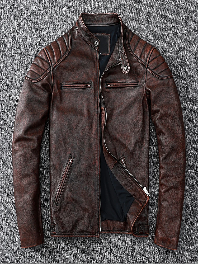

New Vintage Style Mens Real Cowhide Clothes Biker Genuine Leather Jacket Fashion Brown Slim Coat Men Cow