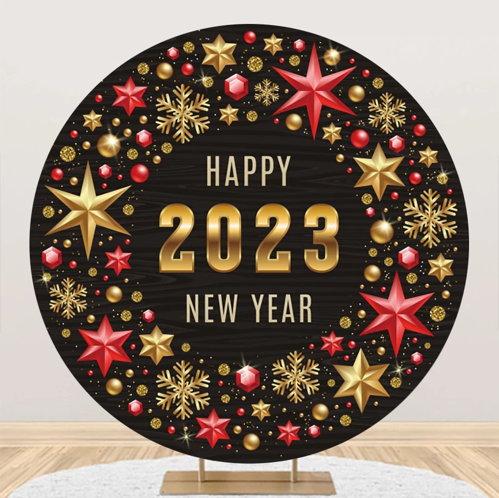 Happy 2023ใหม่ปีรอบฉากหลังการถ่ายภาพคริสต์มาสดาวทองตกแต่งเกล็ดหิมะภาพพื้นหลังวงกลมโปสเตอร์