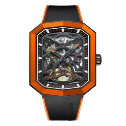 New Luxury Men Automatic Mechanical Watch Luminous Skeleton Stainless Steel Rubber Strap Sapphire Glass Waterproof Big Rectangle