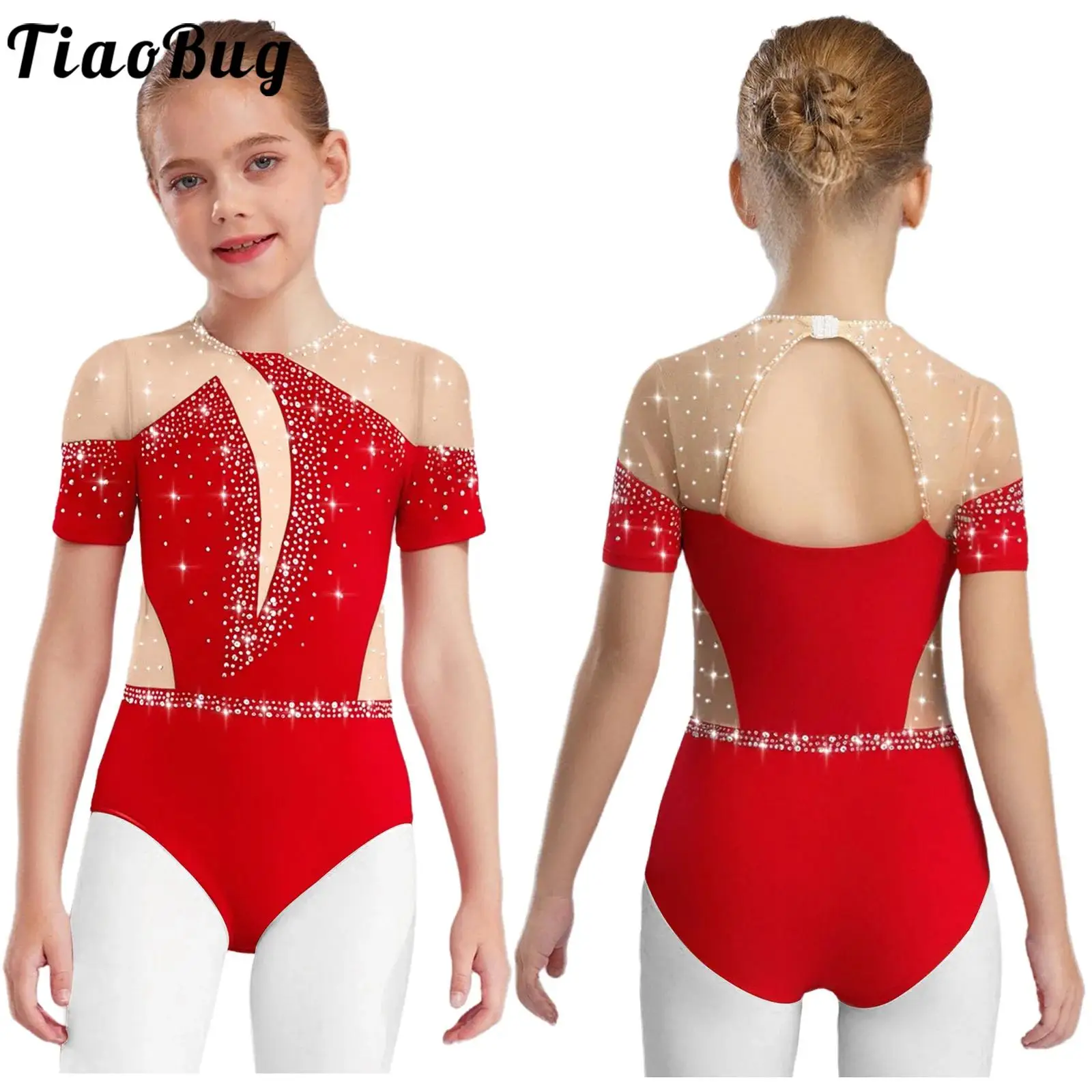 

Girls Figure Skating Dance Leotards Costume Short Sleeve Cutout Back Sheer Mesh Patchwork Rhinestones Bodysuit Ballet Dancewear