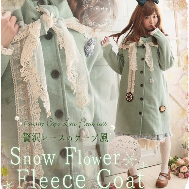 Japanese Winter Mori Girl Coat Women Wool Blend Snow Flower Appliques Lace Layer Decorate Cotton Female Kawaii Coat A140