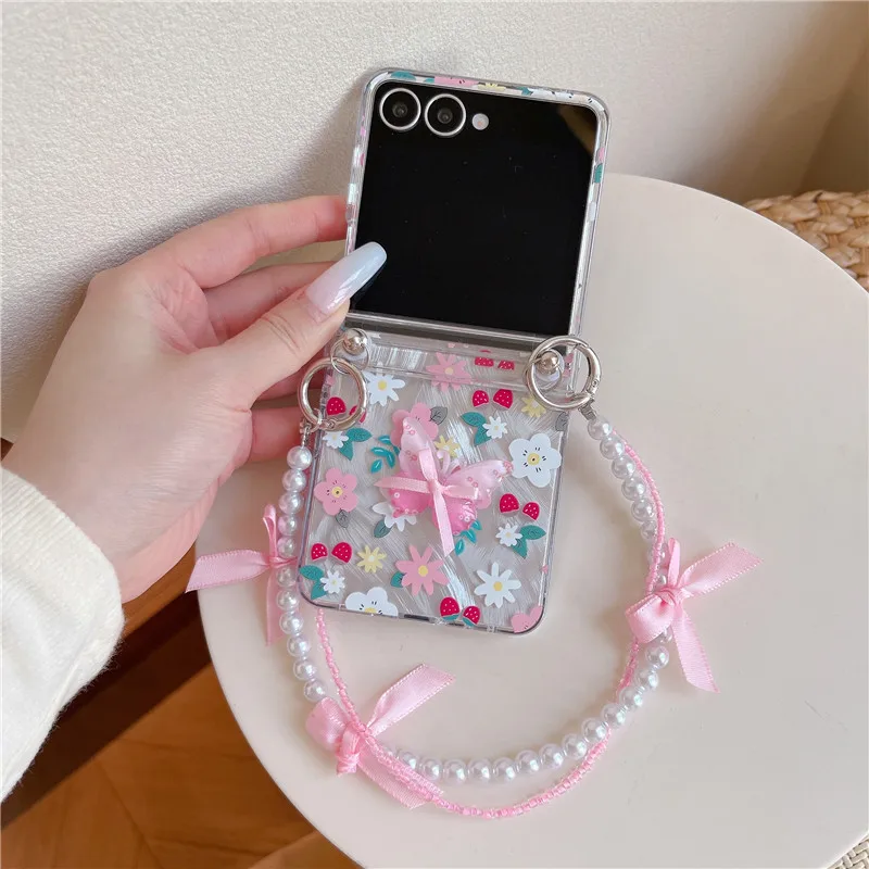 Ins Korean Cute Flower Shell 3D Bow Pattern Transparent Hard Cases With Pearl Beads Chain For Samsung Galaxy Z Flip 7 FE 6 5 4 3