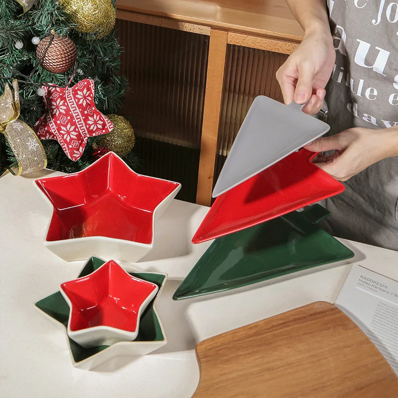 

Christmas Tree Shape Dinner Plate Star Shaped Ceramic Bowl Snack Platter Plates Triangle Cake Breakfast Dish Household Tableware