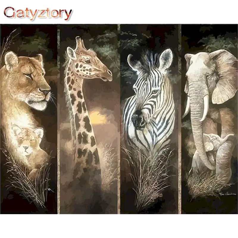 GATYZTORY Acrylic Diy Painting By Numbers Four Animals Acrylic Paint On Canvas Drawing Coloring By Numbers For Diy Gift Wall Art