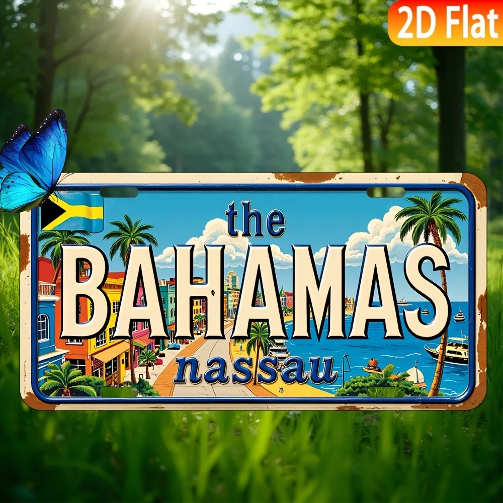 2DFlat,1pc Vintage Bahamian Flag Palm Tree Design with Nassau Bay Cruise Port-Durable  Wall Decoration,Caribbean Themed Gift