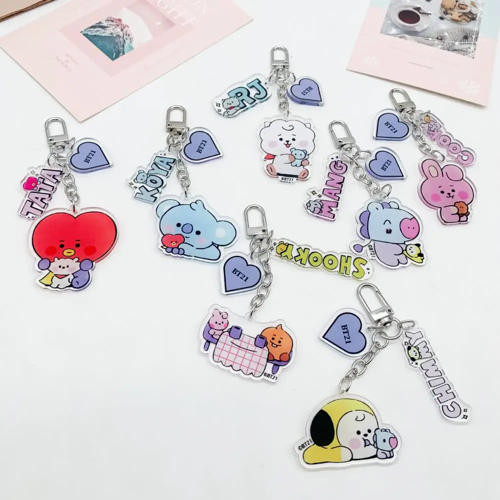 New Bt21Ed Acrylic Metal Buckle Keychain Kawaii Anime Baby Cute Cartoon Double Sided Keychain Backpack Pendant Girl Gift