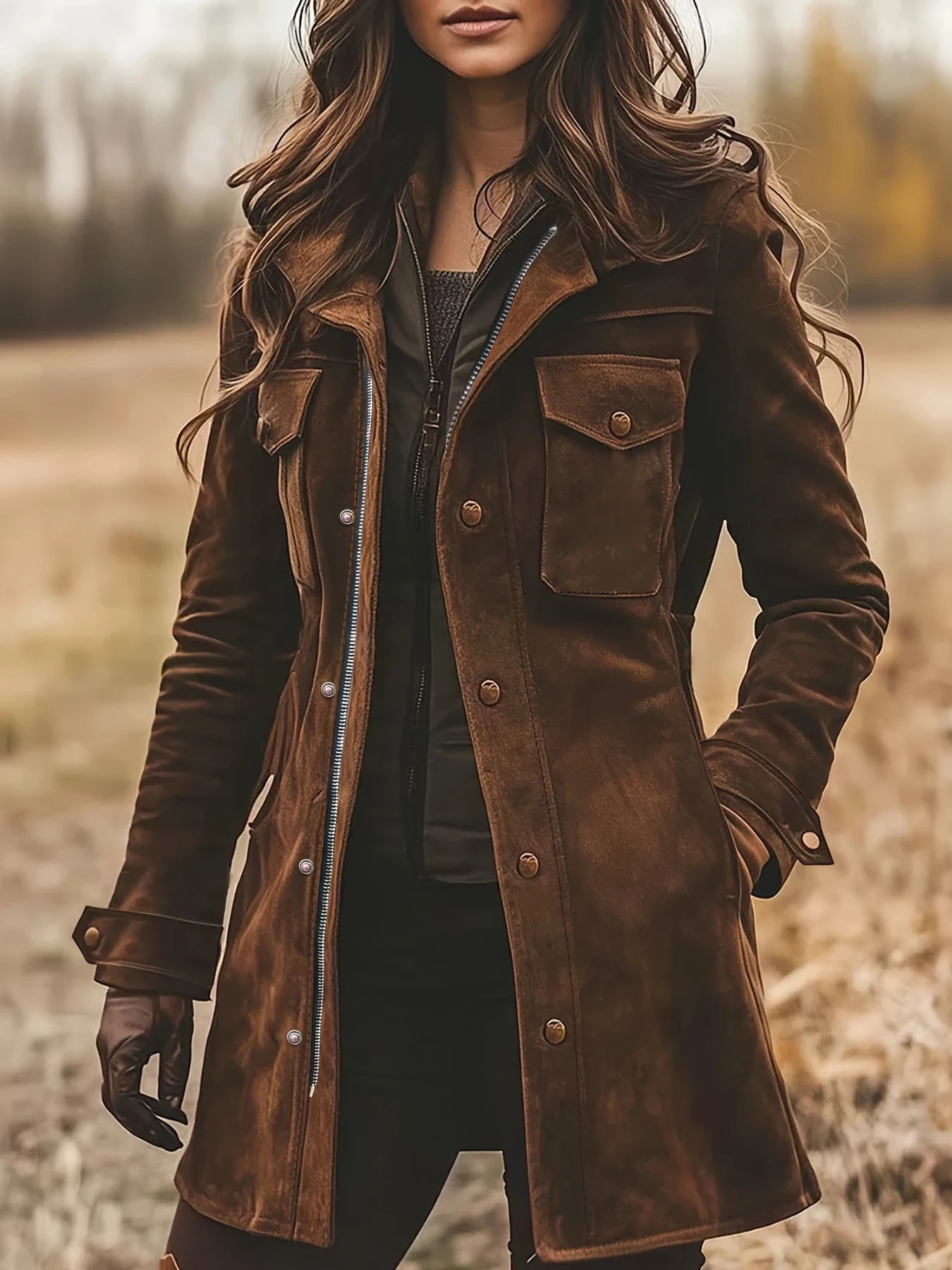 

Новая женская винтажная замшевая водолазка, повседневная куртка, универсальное и элегантное пальто средней длины, идеально подходит для осени и зимы