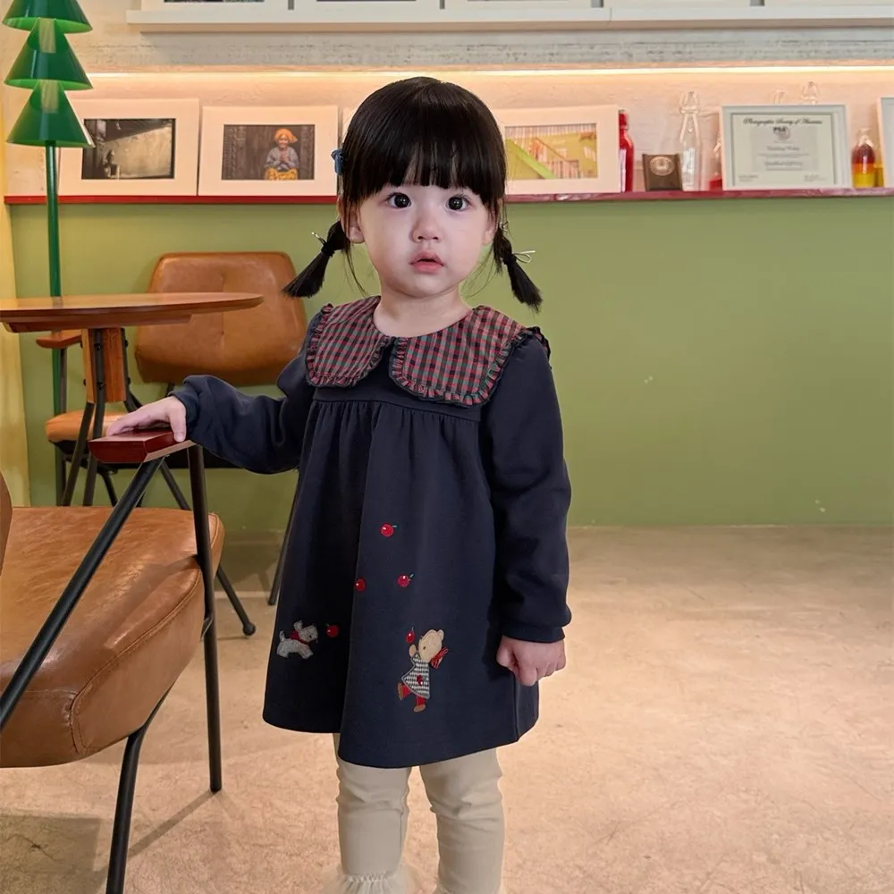 

Autumn Kids girls clothes baby dress Checkered collar Cartoon Sky Embroidered Girls' Long Sleeve Dress