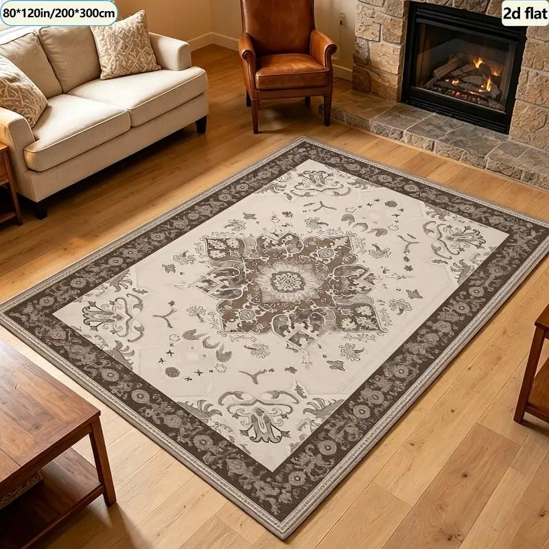 Simple Hollow Lace Border Carpet Flooring Minimalist Solid Center Square Rug Household Anti‑Slip Floor Decor Mat