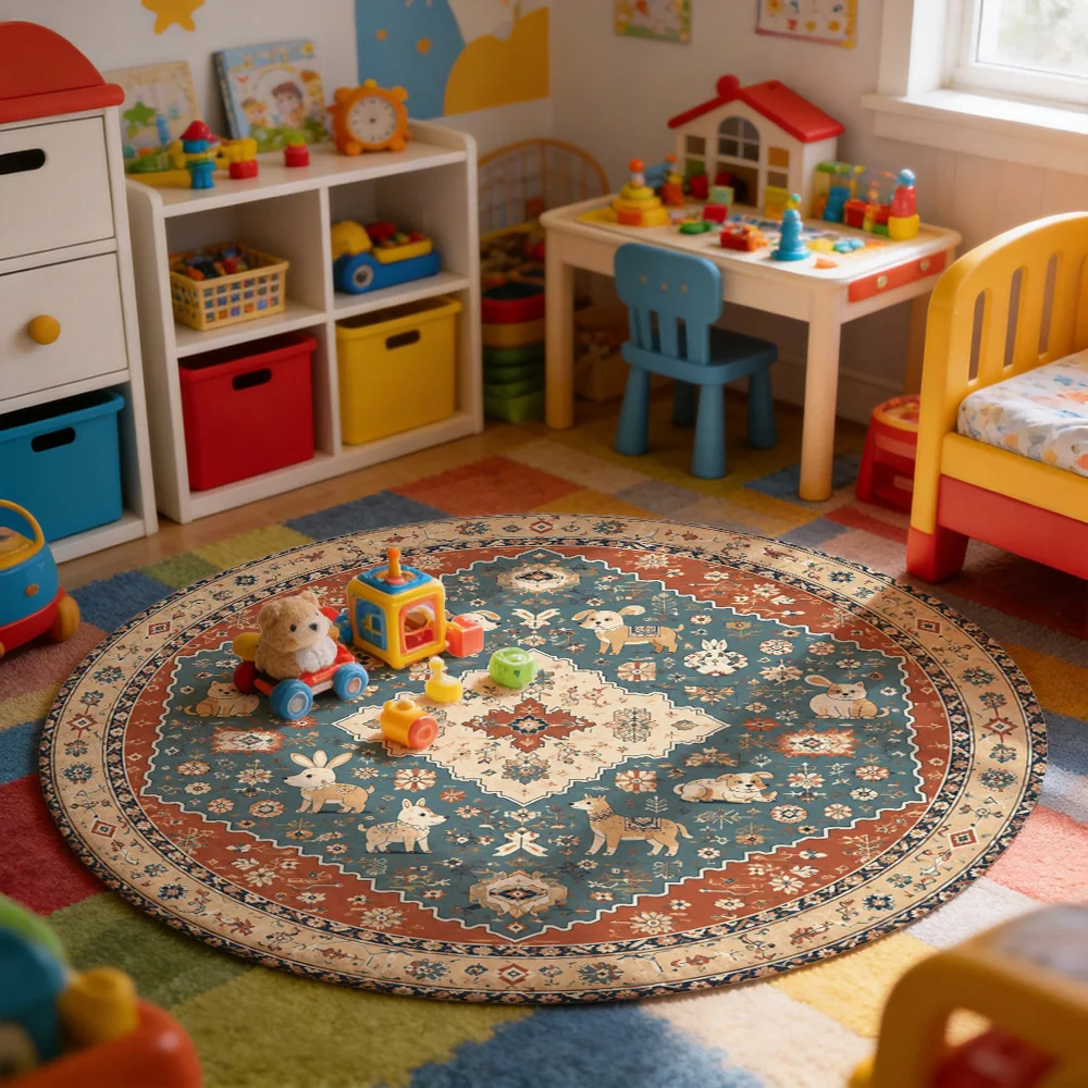 Vintage Farm Animal Pattern Round Area Rug for Living Room Boho Nursery Decor Pet Friendly