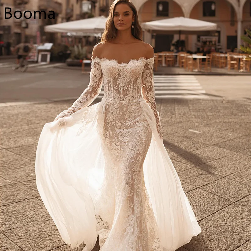 

Booma Mermaid Wedding Dresses Long Off The Shoulder Lace Appliques Full-Sleeve Elegant Brides Gown Custom Made 2025