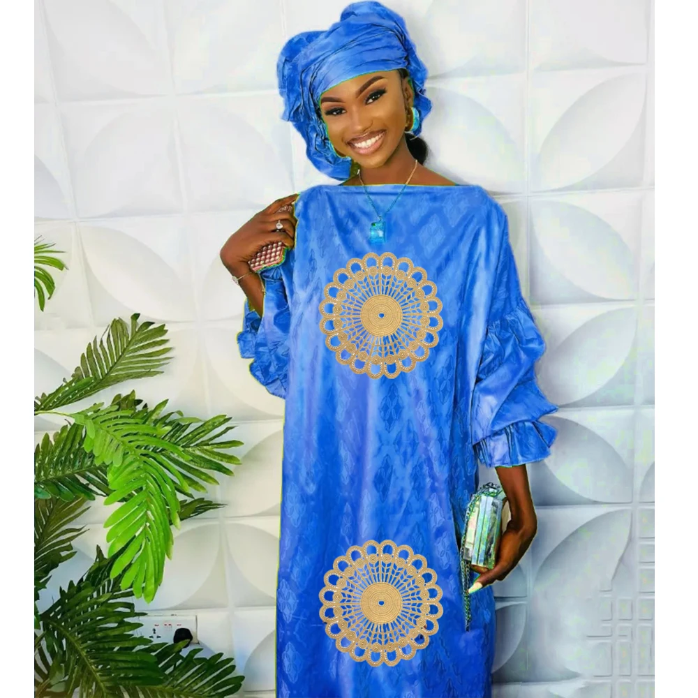 

African Traditional Wedding Bazin Riche Boubou And Scarf Embroidery Basin Dashiki Nigerian Dresses Clothing For Wedding Robe