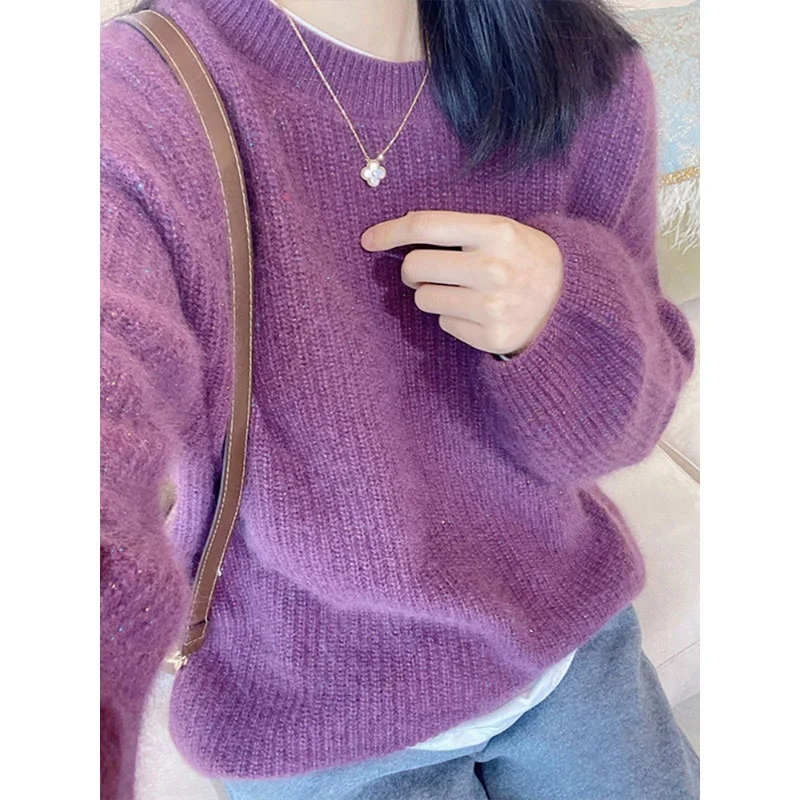 Fashionable High-End Bear Velvet Purple Heavy-Light Thread Knitted round Neck Sweater Design Sensation Women's Winter Warmth ...