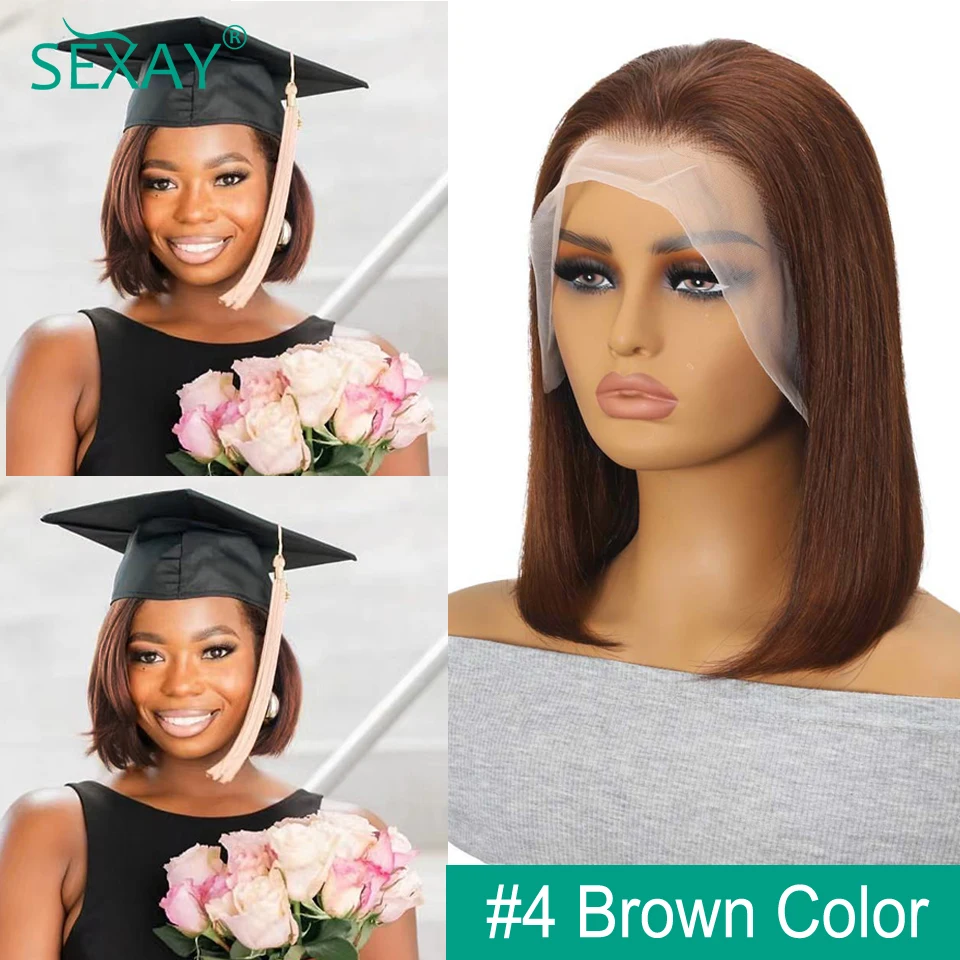 Perruque Bob Lace Front Wig naturelle, cheveux courts, brun foncé, 13x4, pre-colorés, chocolat