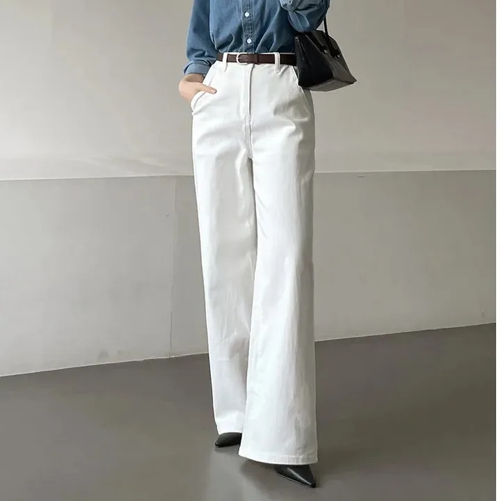 

High Waist Straight Leg White Denim Jeans Women's Loose Fit Summer Fashion Korean Style Chic Casual Trousers