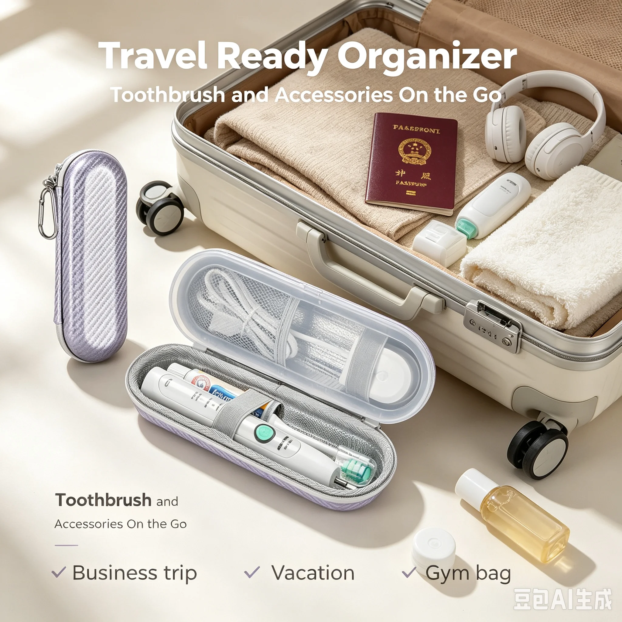 Portable Electric Toothbrush Holder With Mesh Pocket For Commute Dust Scratch Resistant