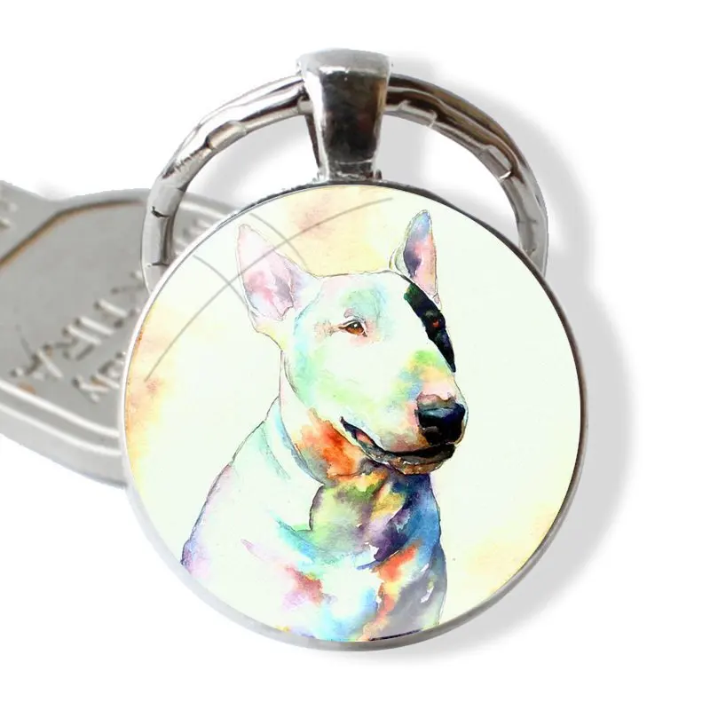 Keychain Handmade Glass Cabochon Key Ring Holder Pendant Key Chains Custom Bull Terrier Dog