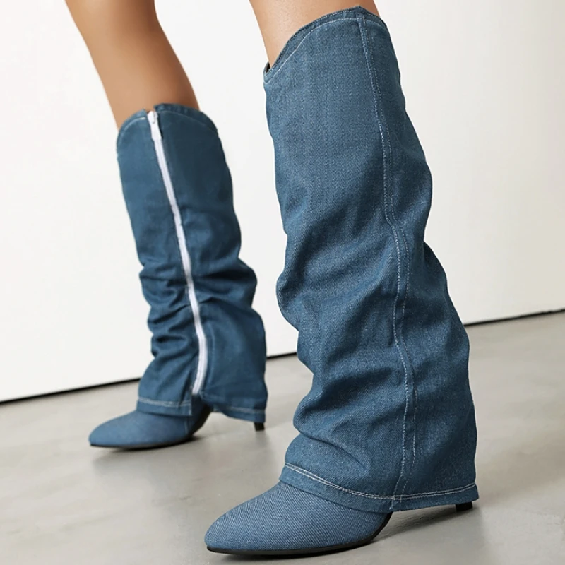 Pleated Knee High Boots Women Fashion 2025 Winter Turn-over Western Blue Jeans Long Boots High Heels Party Footwear Big Size 45