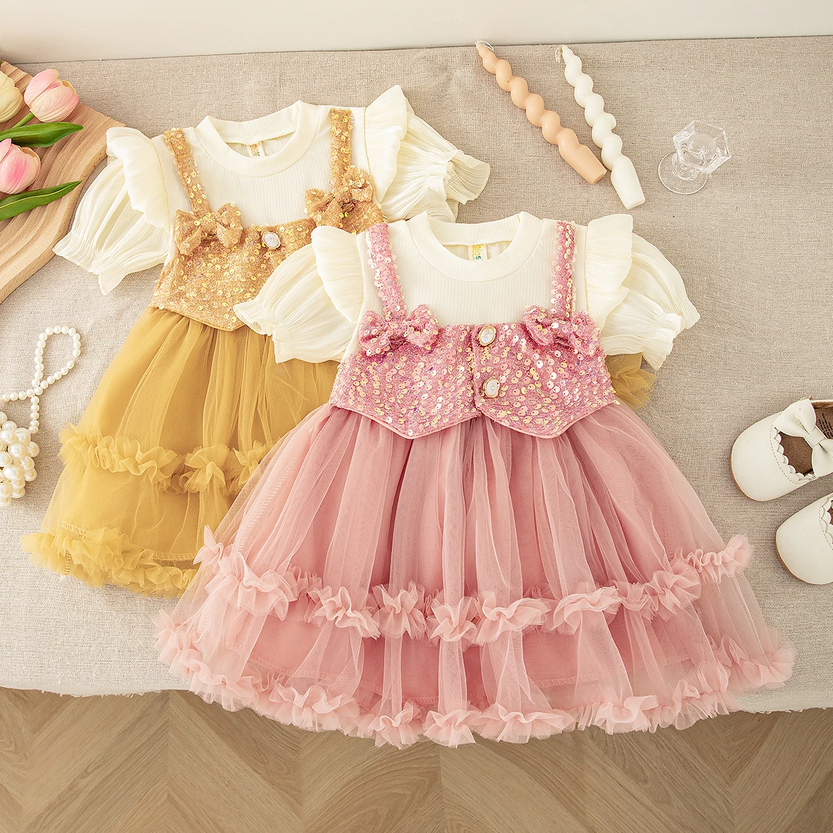 Baby Girl Dress Summer Sweet Mesh Tutu Princess Dress Bubble Sleeves Birthday Party Dress Children's Clothing 9-Month-4 Years