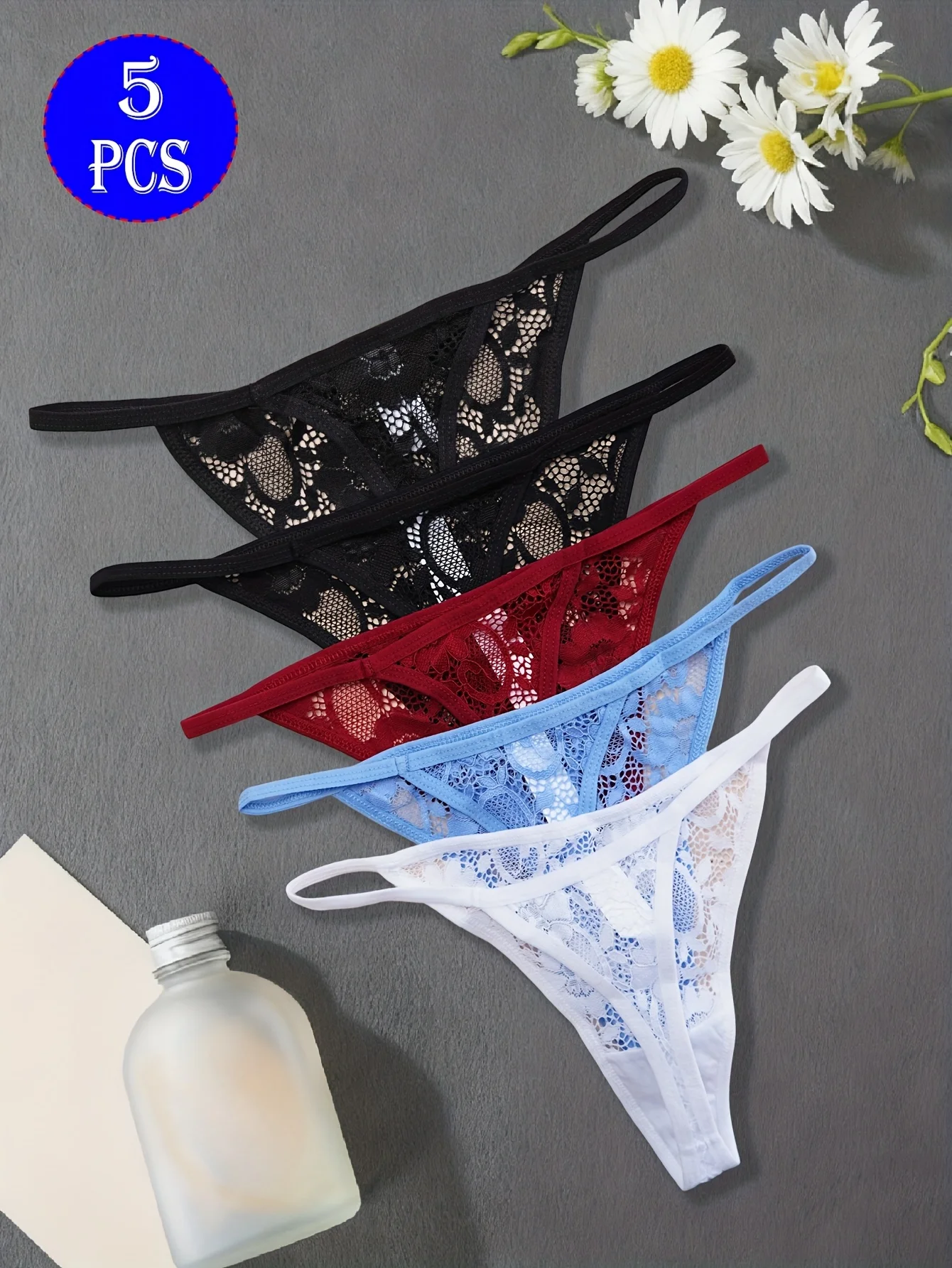 5‑Piece Set of Women's Sexy Semi‑Sheer Lace Thongs‑Mid‑Rise Panties with Thin Straps, Featuring See‑Through Exquisite Lace Trims