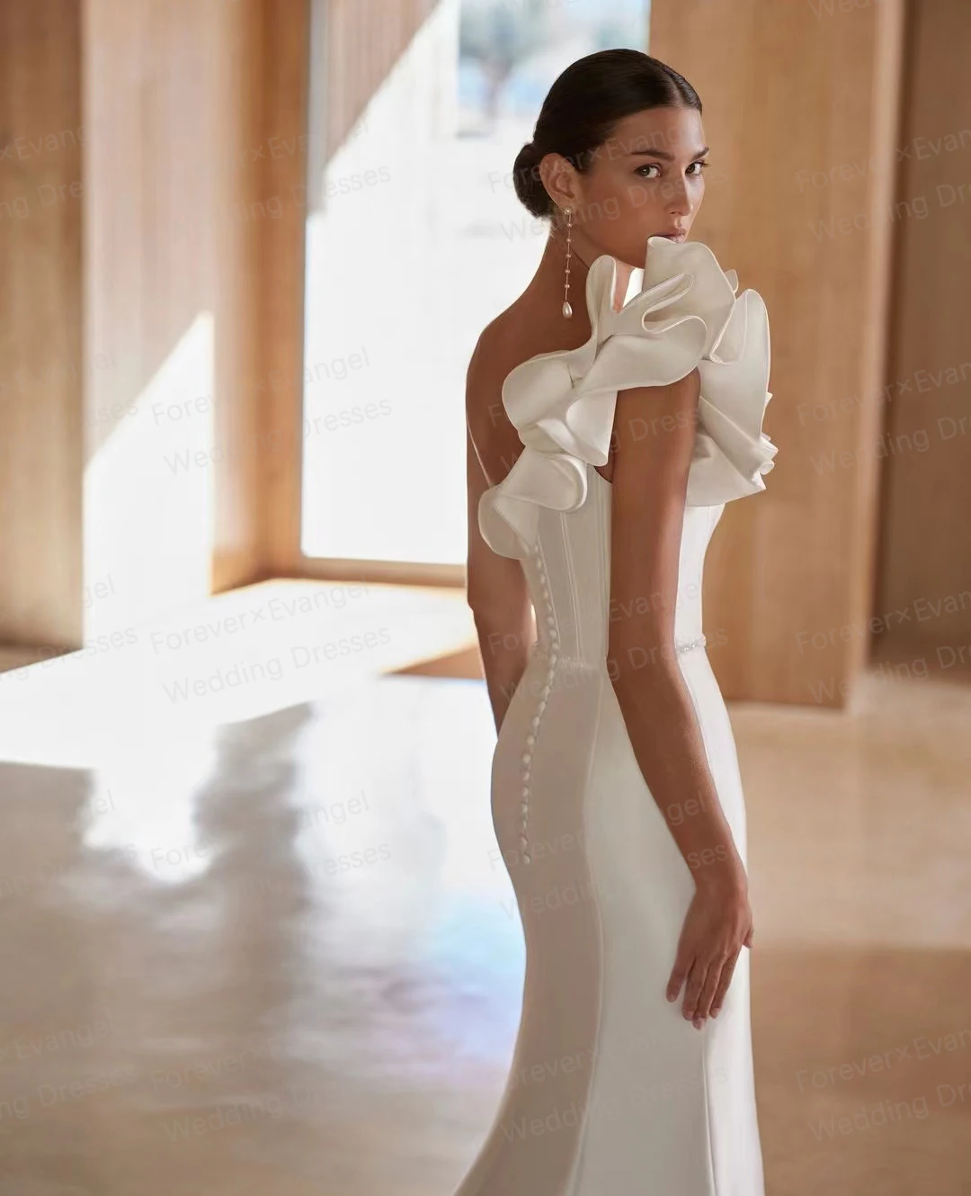 Luxury Sexy Wedding Dresses Mermaid Sleeveless Woman\'s One Shoulder Backless Bride Gowns Button Customized Sweep Train Vestidos