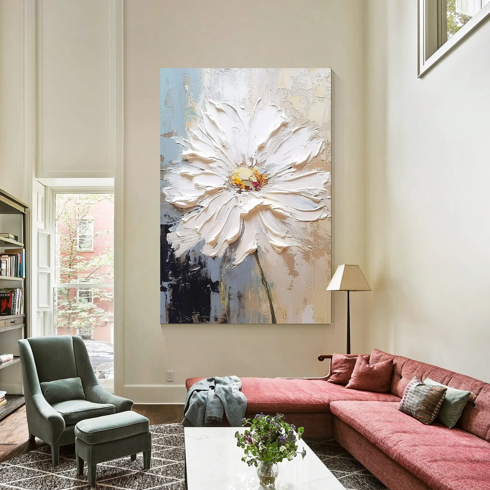 

Mhemyo Original Abstract Hand Painted White Floral Oil Painting on Canvas Contemporary Minimalist Wall Art for Living Room Decor